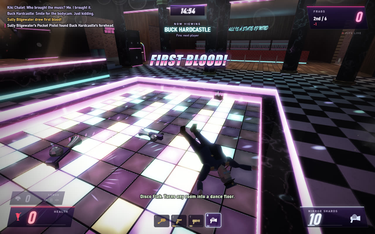 Uncut Tournament: a neon-lit nightclub arena with a glowing dance floor and the words First Blood on screen.